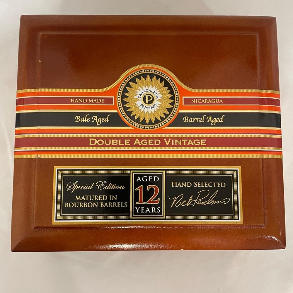 Perdomo Aged 12 Years all wood brown empty cigar box.